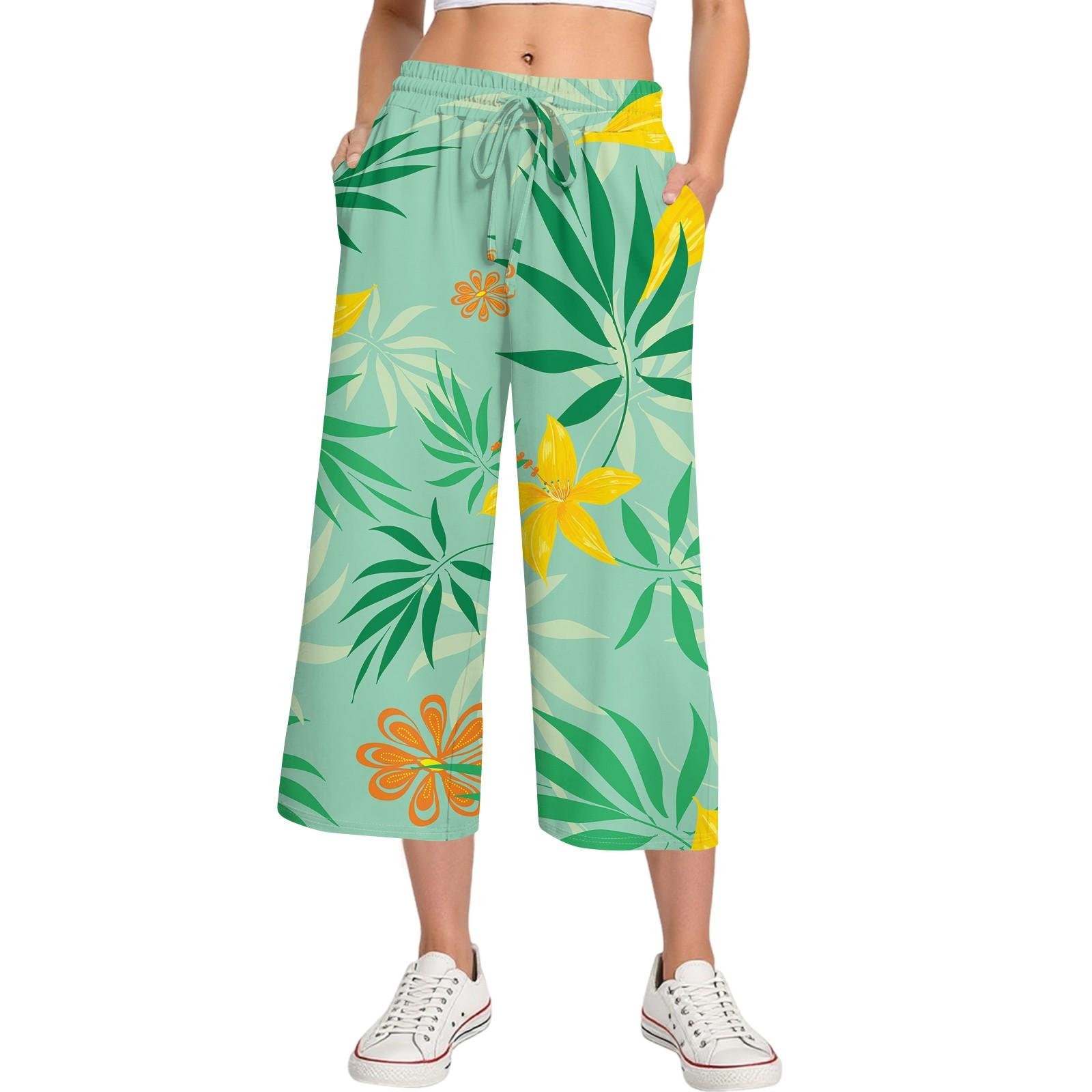 

Женские летние повседневные спортивные брюки с высокой талией и принтом, укороченные брюки свободного покроя M зелёный