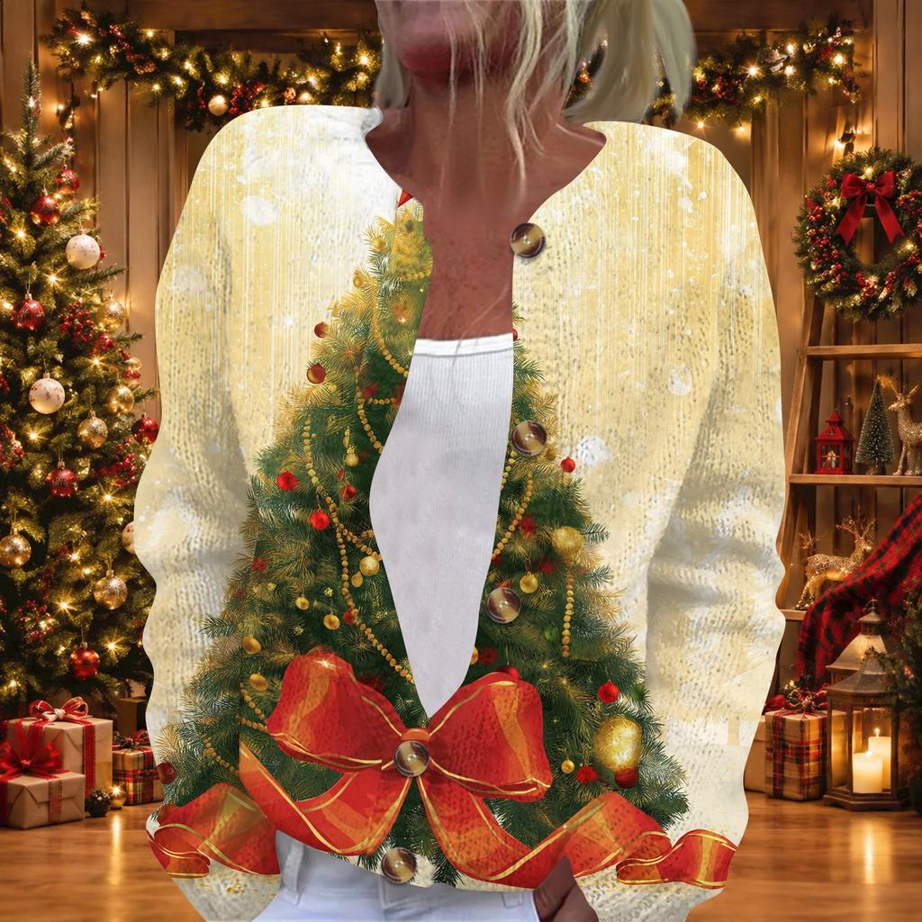 Women's Casual Stylish Christmas Print Long Sleeve Button Down Knit Cardigan