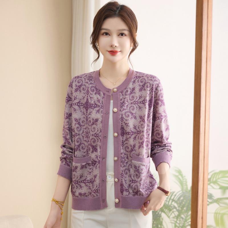 Mom autumn bottoming sweater cardigan knitted sweater jacket new round neck medium and old casual loose top