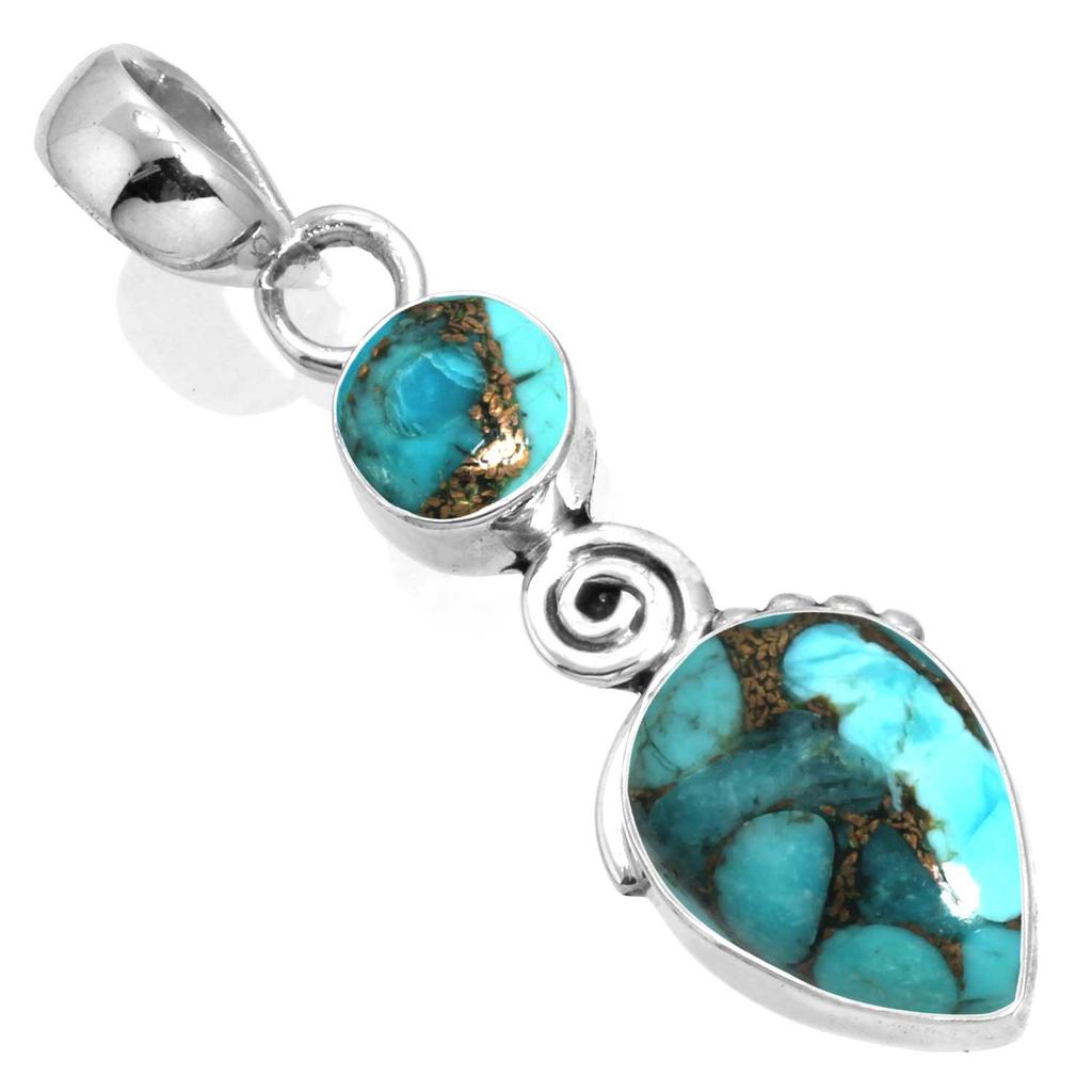 925 Sterling Silver Pendant Women Gemstone Handmade Jewelry New Year Gift Blue Green Purple Copper Turquoise Pearl Lapis Mother Of Pearl Boho