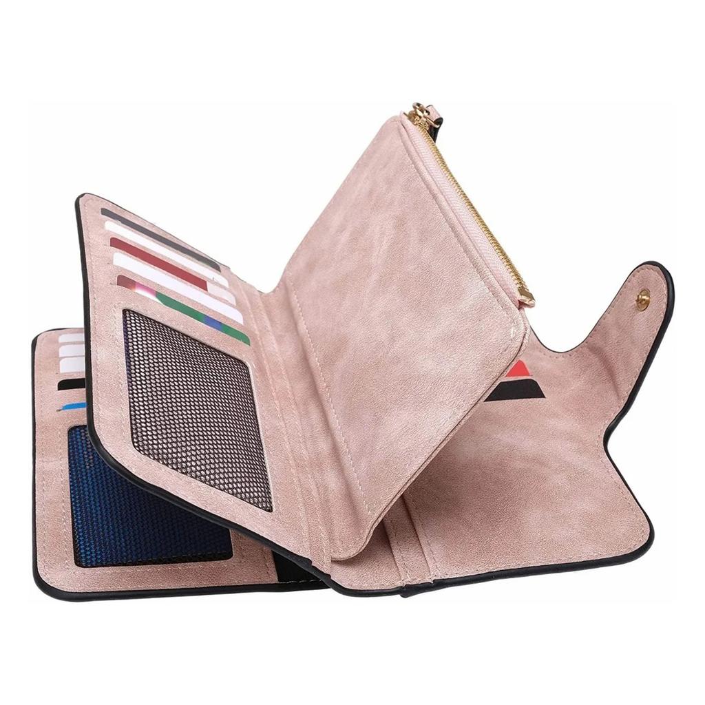 Women Leather Wallet Multi Card Pockets Large Capacity Zip Card Holder Wallet for Cash Pink Free Size