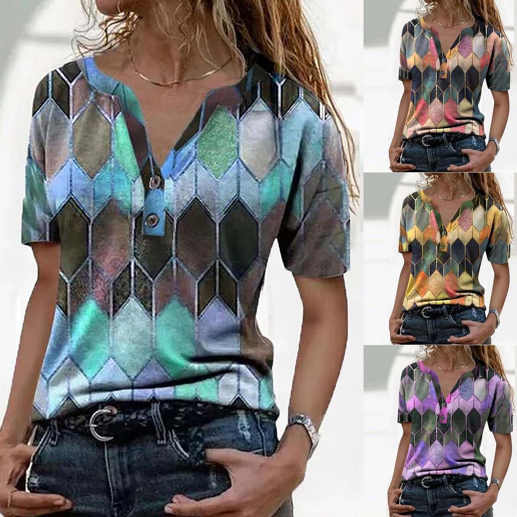 Fashion Women's Summer Printed Short Sleeve V- Neck Collar T-Shirt Tops