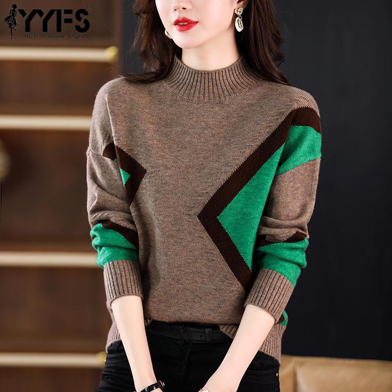 

YYFS женские модные повседневные цветные блок-принты осень-зима с длинными рукавами и половиной водолазки свитера