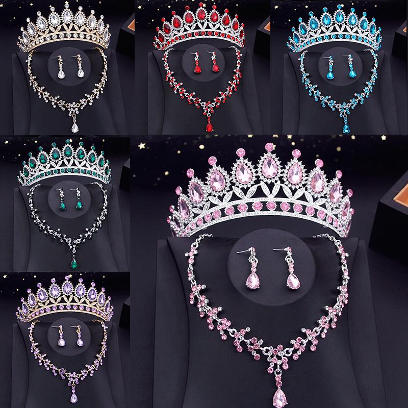 15 Colors Bridal Jewelry Sets for Women Wedding Crown Earrings Tiaras Set Necklace Bride Crown Jewelry Set Costume Accessory
