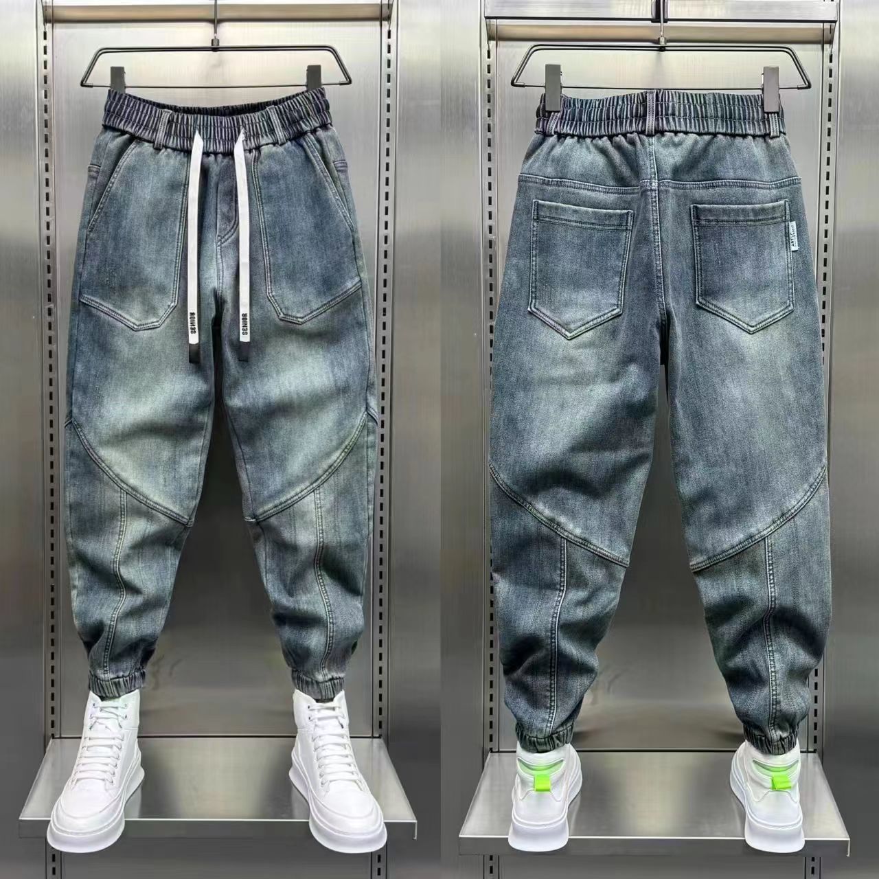 

Blue Denim Jeans Loose Harem Pants Elastic Waist Cuffs Casual Spring Autumn Luxury Clothing Men Korean Men s Fashion S синий