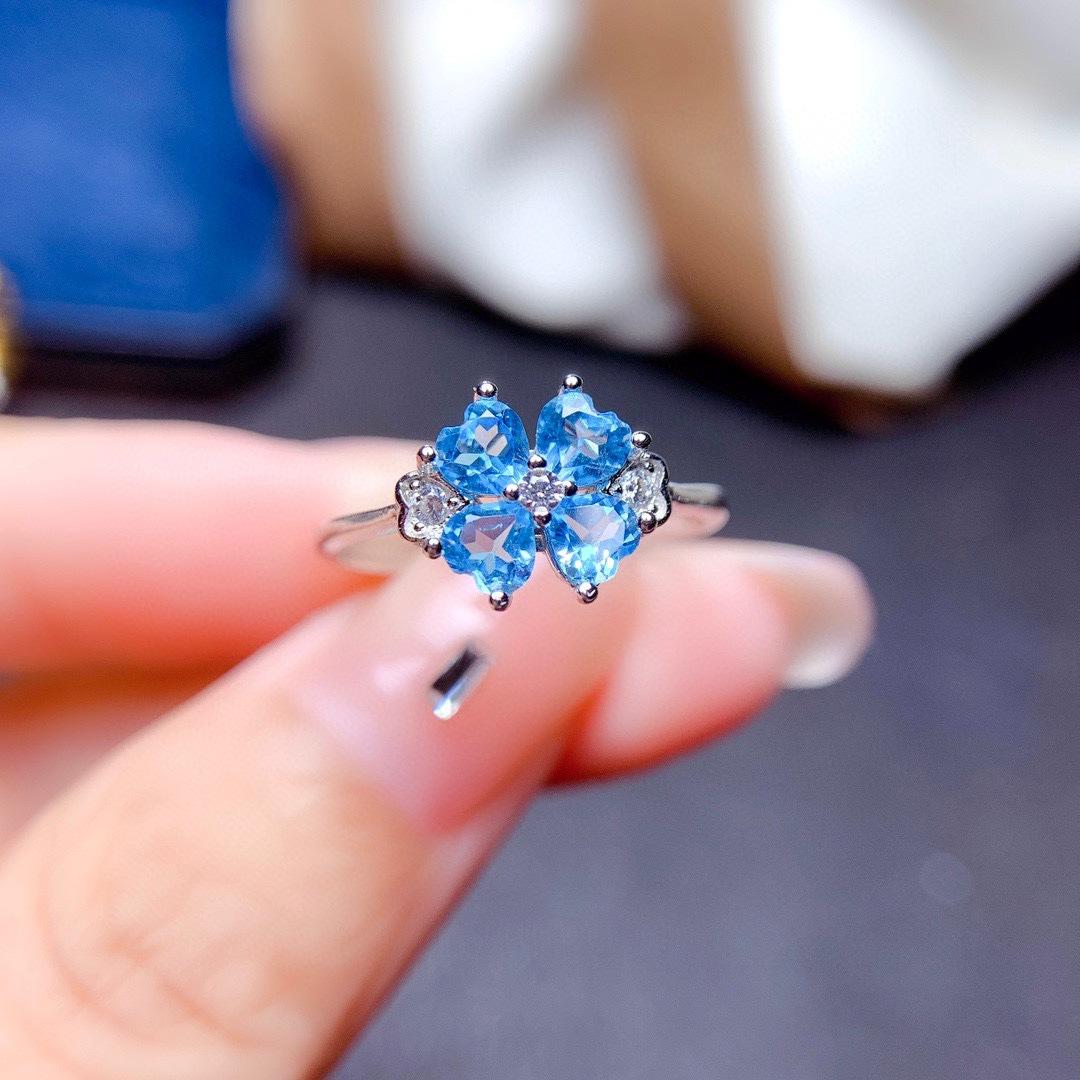 Open Ring Swiss Blue Topaz Clover Light Luxury Adjustable Statement Jewelry for Women Adjustable