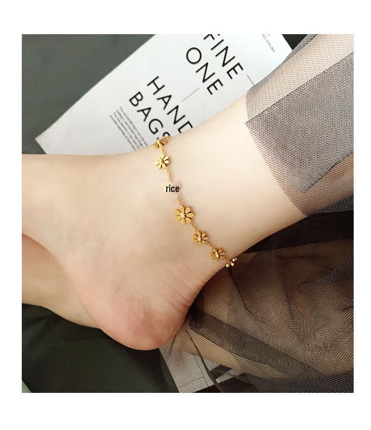 Korean-Style Daisy Flower Titanium Steel Anklet for Women