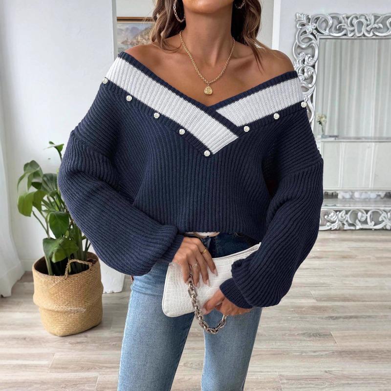 European Style Loose Fit V Neck Beaded Pullover Sweater For Women