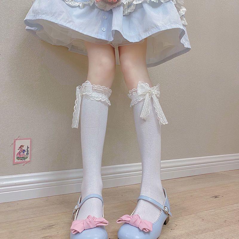 Black Streamer Half-length Stockings Women's Thin Summer Cute Medium Tube Calf Socks Lolita Bow Jk Long Socks