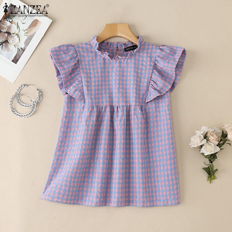 

ZANZEA Women Summer Grid Print Loose Short Sleeve Blouse 2XL темно-розовый