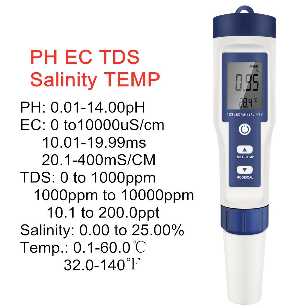 

Цифровий метр PH TDS EC 5 в 1, солоність, температура, електропровідність, фільтр для води, ручка з підсвічуванням