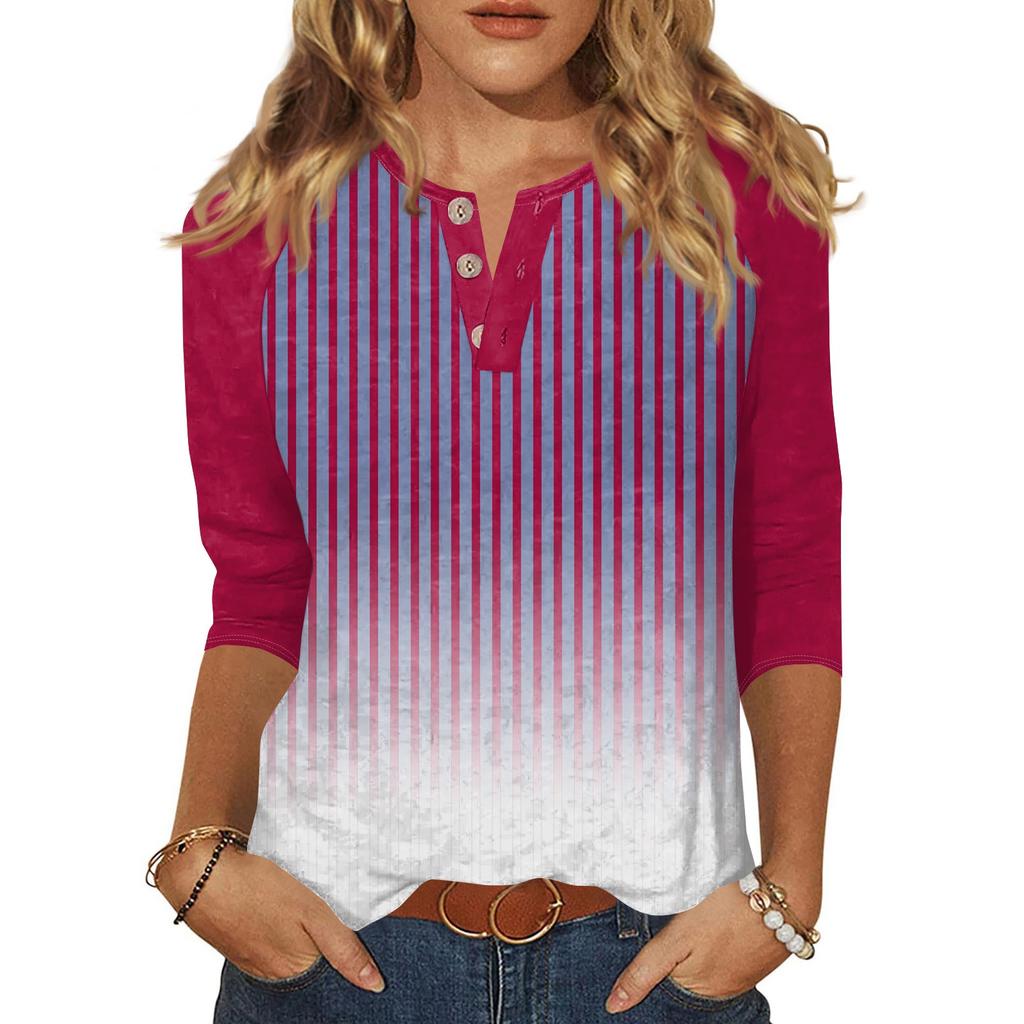 Dámské tričko s potiskem, knoflíky, 3/4 rukávy, pro každý den, na víkend, módní, základní, s výstřihem do V, běžný top