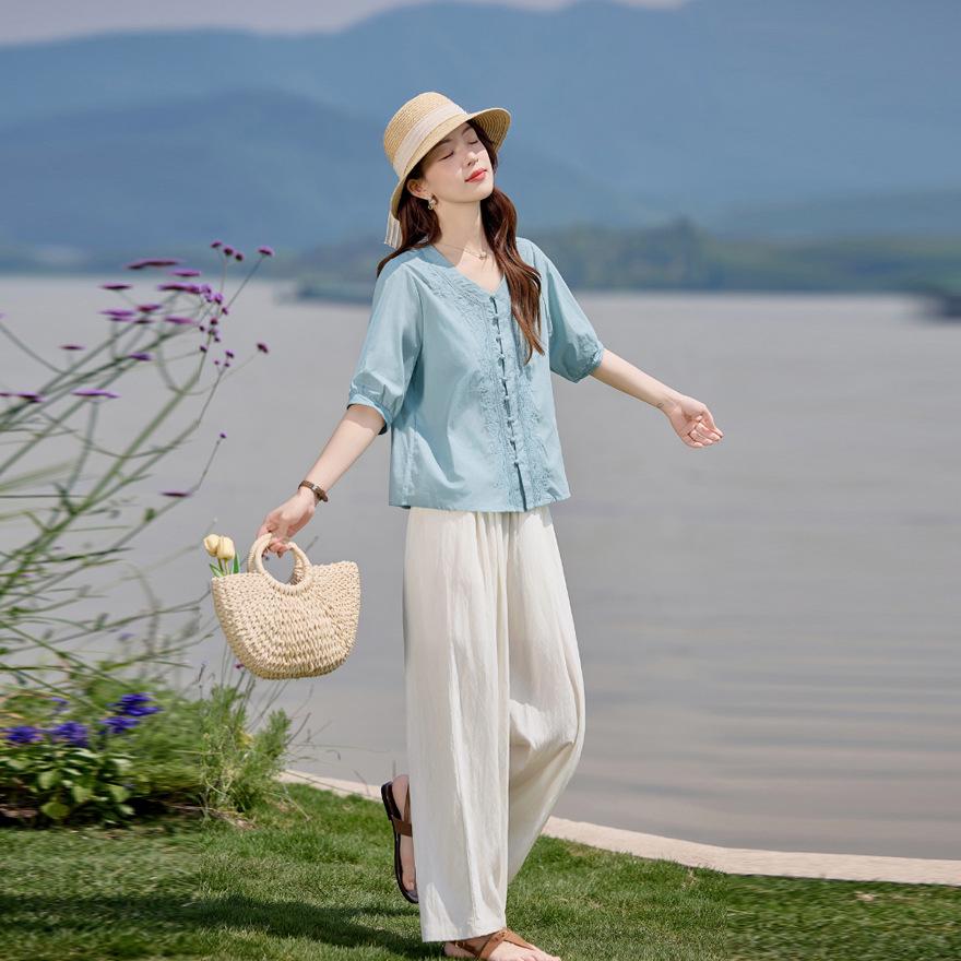 Summer Casual Fashion Suit Women's Design Sleeveless Shirt Elastic Waist Straight Wide-leg Pants Two-piece Set Tide