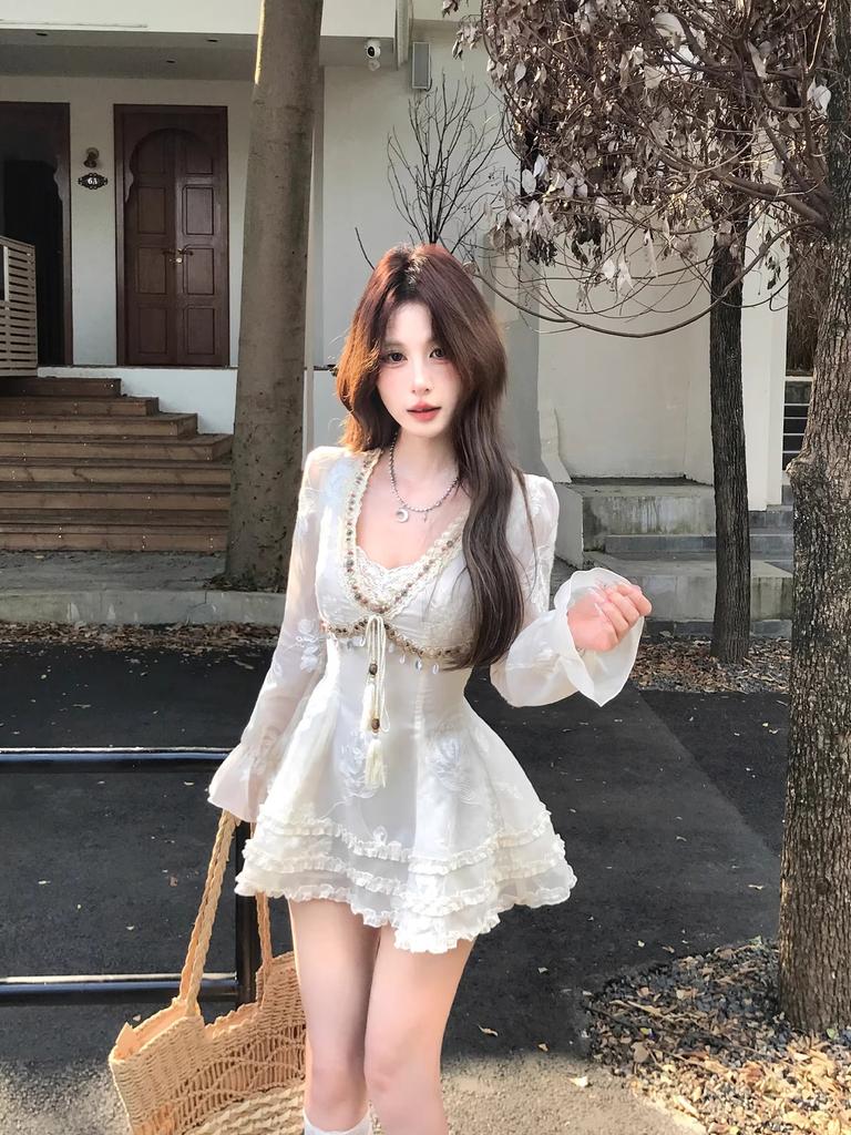 Double suit, middle invisible zipper, pure desire design embroidery dress, women's autumn long-sleeved waist skirt