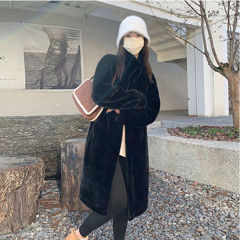 2025 A/W Women's Eco-Leather Overcoat: Thick Long Stand-Collar Mink Fur Cashmere One-Piece