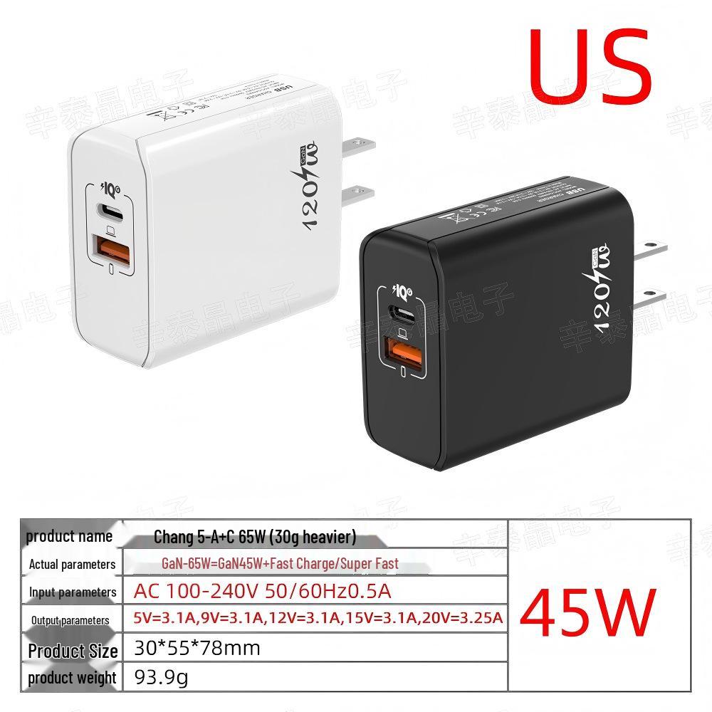 120W GaN Charger with A+C Ports, 65W Output, EU/US/UK Plug for Mobile Devices