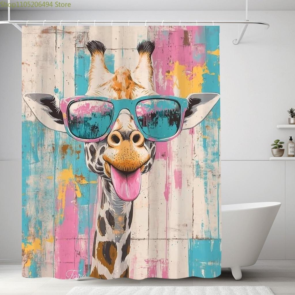 One Elegant Giraffe with Fashion Glasses and Tongue Out Bathroom Shower Curtain, with 12 Hooks, Quick Dry and Machine Washable