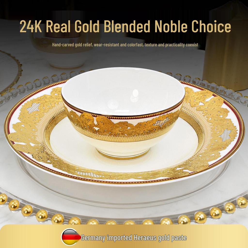 Europäisches Luxus Gold Knochenporzellan Schüssel & Teller Geschirrset