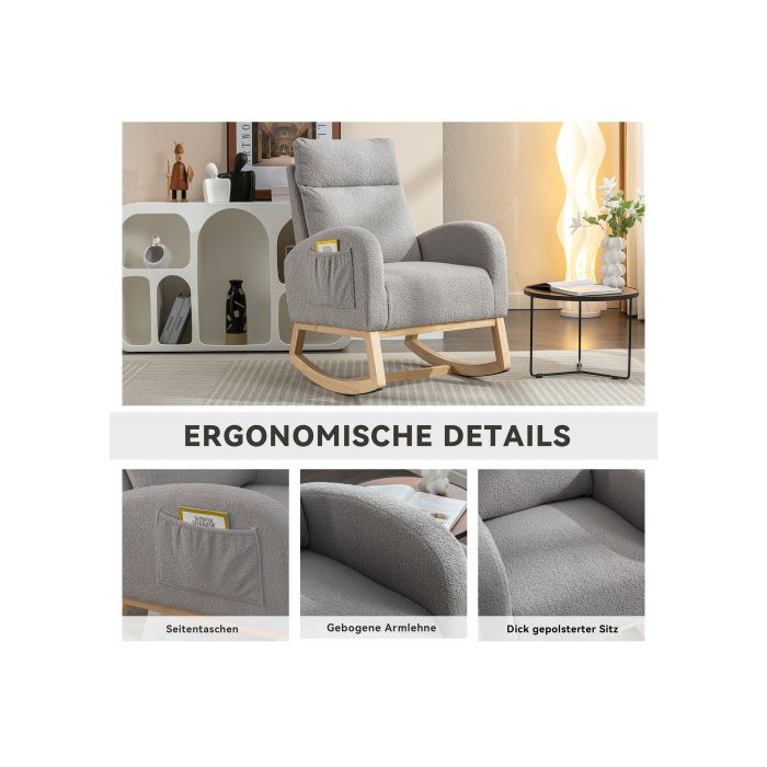 Fauteuil à bascule, Mid Century Modern, tissu peluche, rembourré, assise rembourrée, pour salon et chambre à coucher, gris clair