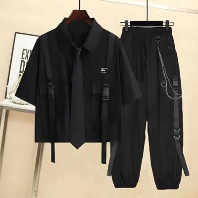 Women's Cargo Pants Set for Summer Dark Gothic Style Belted Short-Sleeved Shirt + Black Chain-Linked Jogger Pants Two-Piece Set