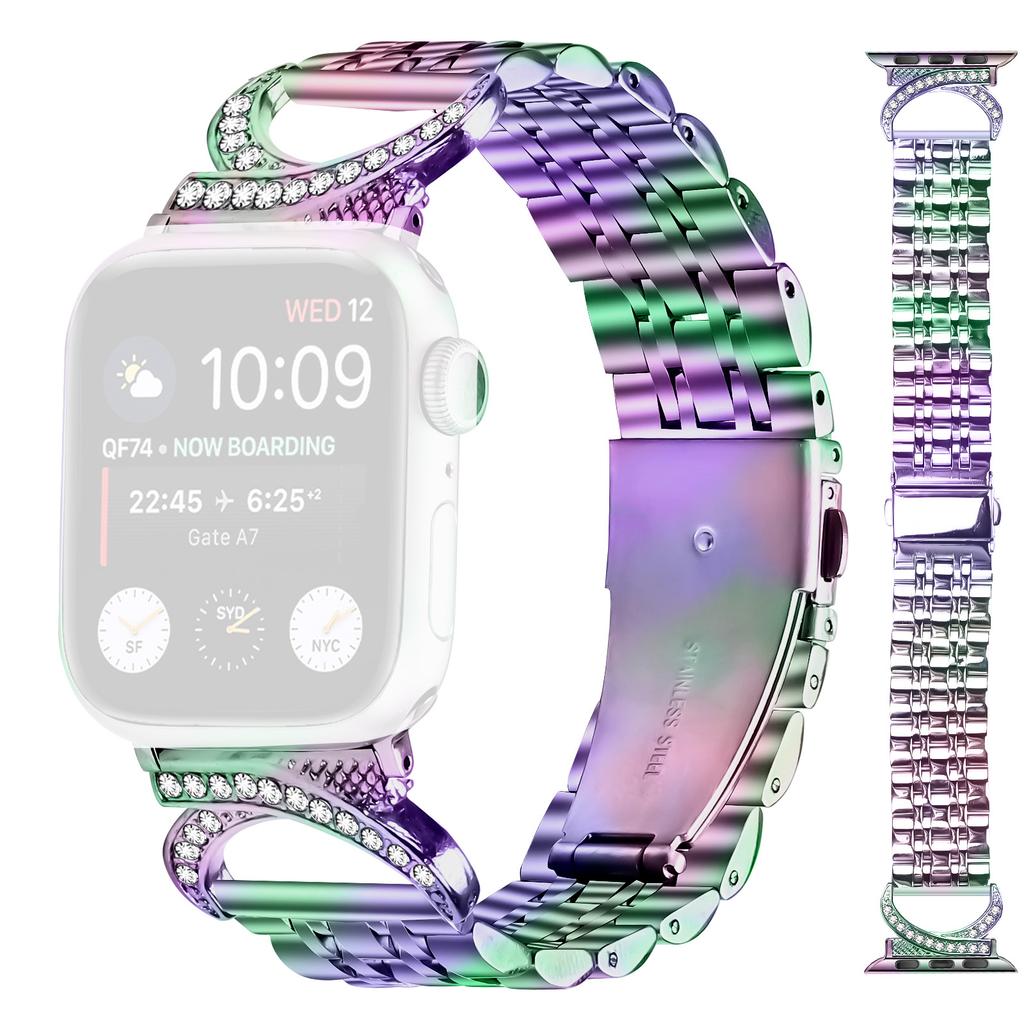 Watch Strap for Apple Watch Series 11 10 42mm/9 8 7 41mm/SE3 SE2 SE 6 5 4 40mm/3 2 1 38mm Stainless Steel Band with Rhinestone Ox Horn Style Connector