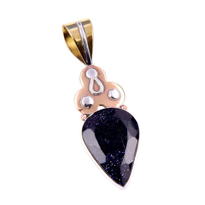Natural Blue Sunstone 925 Solid Sterling Silver Gift TwoTone Pendant 1.75" f5n39