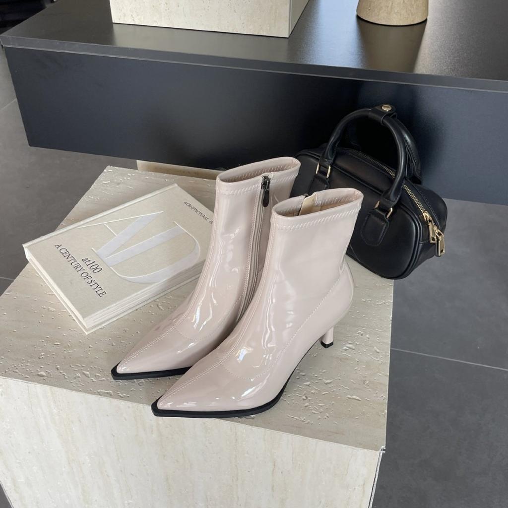 2025 new pointed thin high heel side zipper patent leather low tube received Martin thin women's short boots