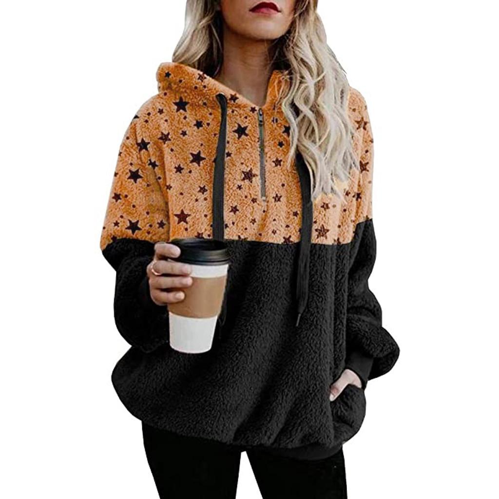 Women Plus Size Hooded Sweatshirt Star Winter Warm Zipper Pockets Coat Outwear