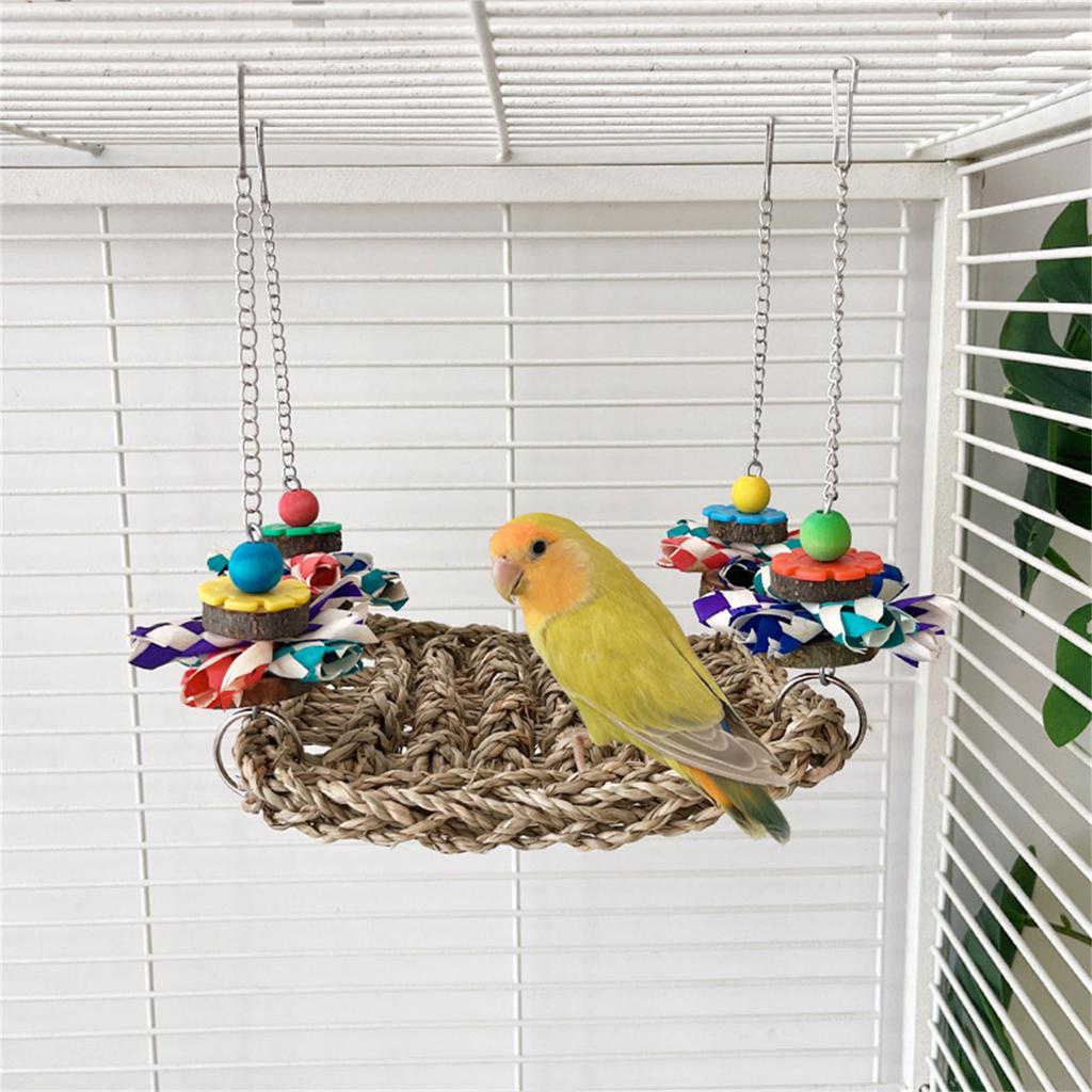 Natural Woven Parrot Hammock Chewing Toy With Wood Bead For Small Bird Cockatiel Budgie Swing Perch Cage Hanging Toy