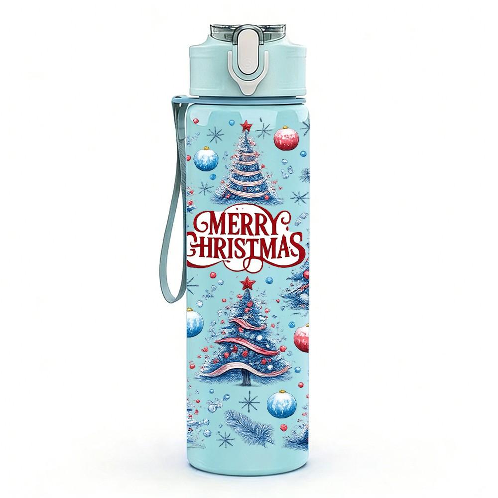 1PC Blue Snow Pine Christmas Tree 750ml Color Plastic Sports Water Bottle Leakproof Flip Straw Lid Suitable for Sports Office Home Use