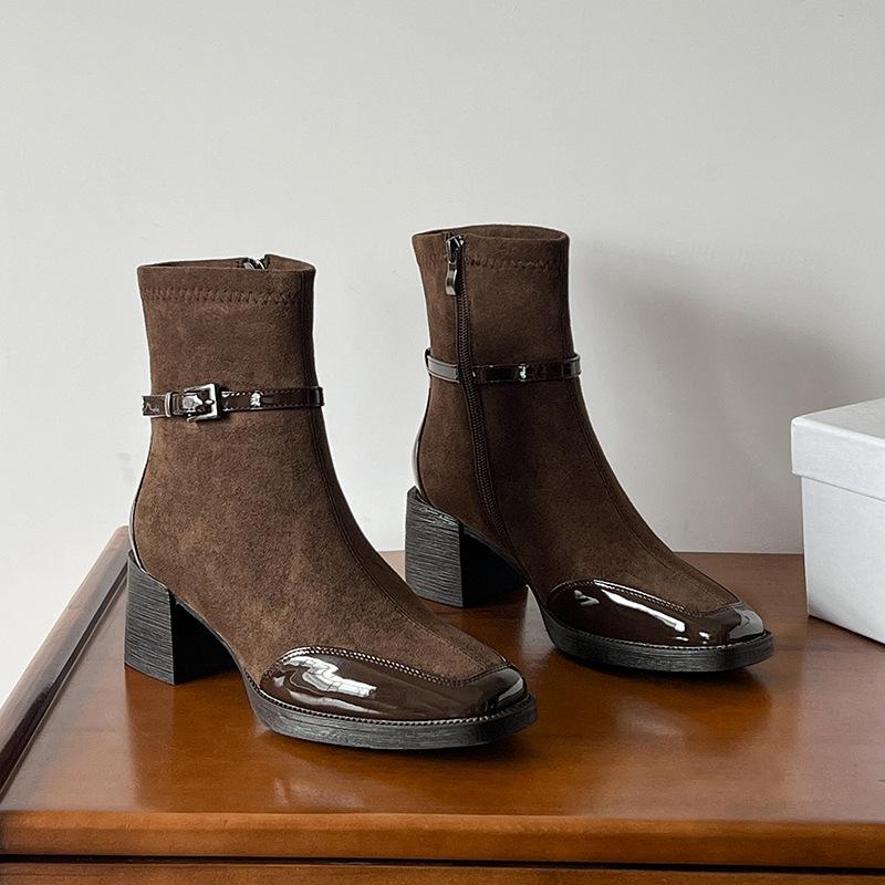 High-heeled short boots women's 2025 new side zipper thick heel winter women's boots square head splicing medium tube fashion boots
