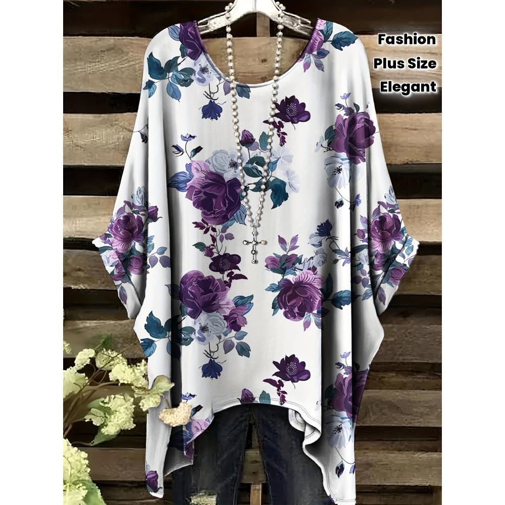 

Vintage Floral Print T-Shirt Loose Tees Round Neck Irregular Hem Short Sleeve Graphic Women T-Shirt Top Fashion Shirts Oversized 1XL