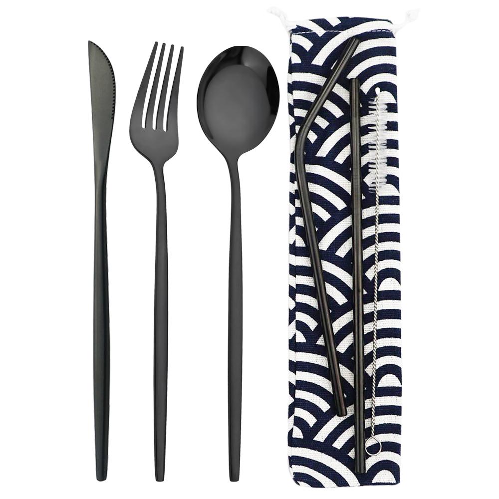 6Pcs Travel Camping Cutlery Set Travel Flatware Set Knife Fork Spoon Straw With Portable Bag Stainless Steel Tableware Set