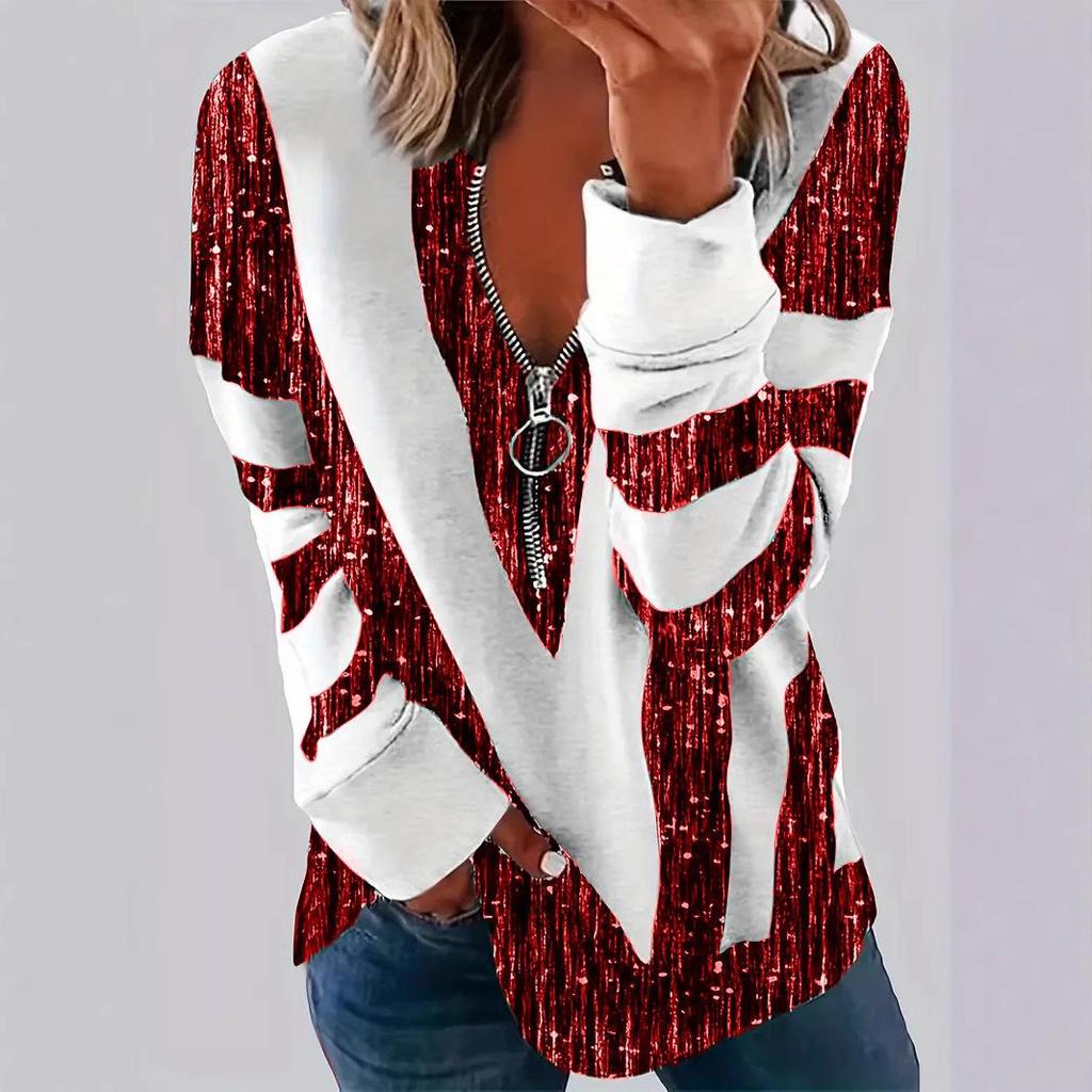 2025 Women's Plus Size 3D Stripe Polo Collar Half-Zip Top - Casual & Comfortable Fashion