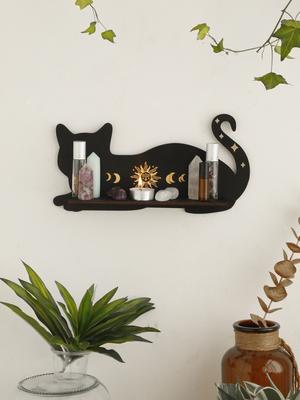 Estante de madera con forma de gato negro, soporte de exhibición de piedra de cristal de chakra con fase lunar, estante de pared, decoración gótica para el hogar y el dormitorio