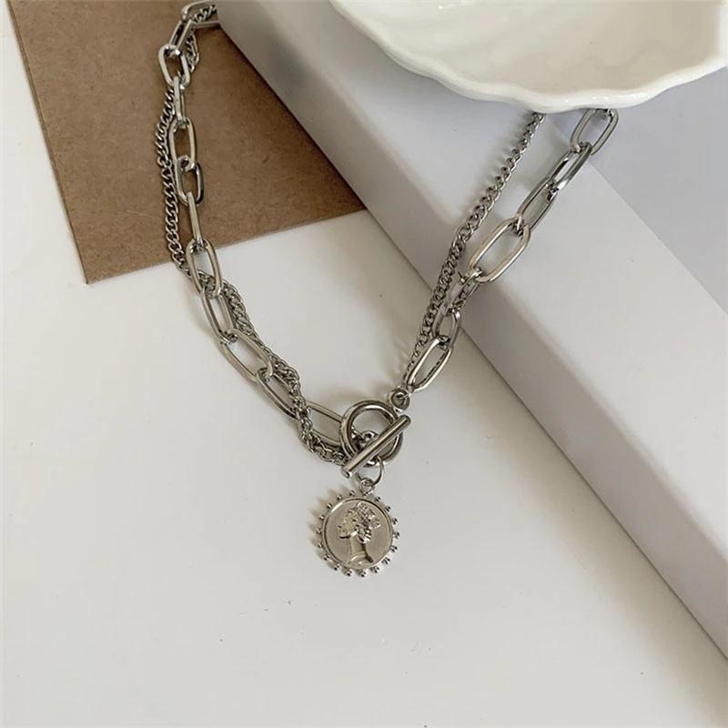 Retro Double-layer Minimalist Necklace Personalized Beauty Head TO Buckle Collarbone Necklace Women's PunkStyle Necklace Jewelry