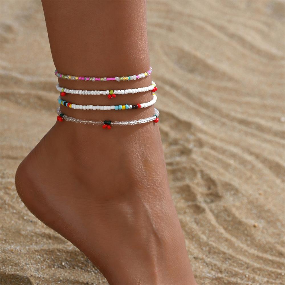 Multicolor Rice Beads Cute Small Cherry Anklets For Women 4pcs/Set Foot Chain Beach Jewelry Ankle Bracelet Summer Accessories