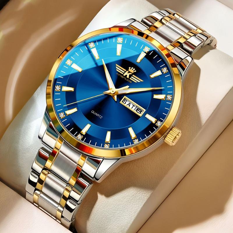 Top Brand New Men's Steel Band Waterproof Quartz Double Calendar Watch Luminous Scale Cross-Business Wristwatch