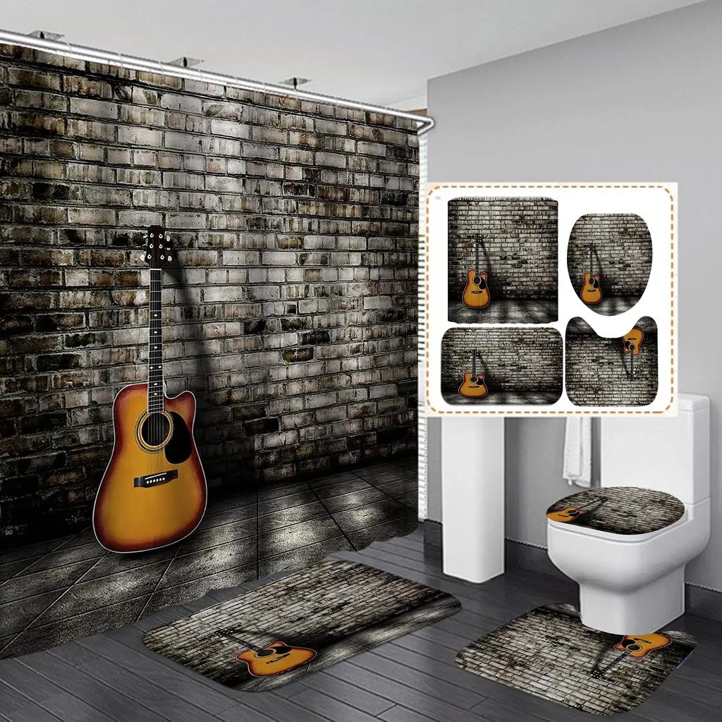 4Pcs Fire Burning Electric Guitar Shower Curtain Sets, Stone Wall Modern Bathroom Sets Waterproof,Non-Slip Bath Rugs Toilet Mat