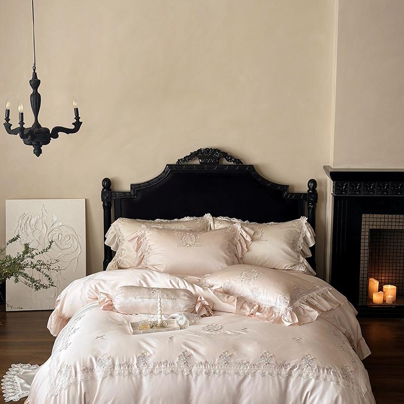 

800TC Lyocell Bamboo Fiber Soft Silky Bedding Set Rose Floral Embroidery Lace Ruffles Duvet Cover Flat/Fitted Sheet Pillowcases Flat Bed Sheet&Queen 200X230cm 4pcs