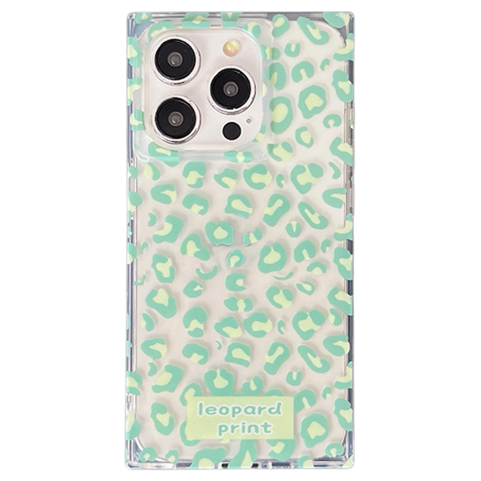 

For iPhone 13 Pro Max Square Case Pattern TPU Soft Phone Cover Glossy Surface Green Leopard
