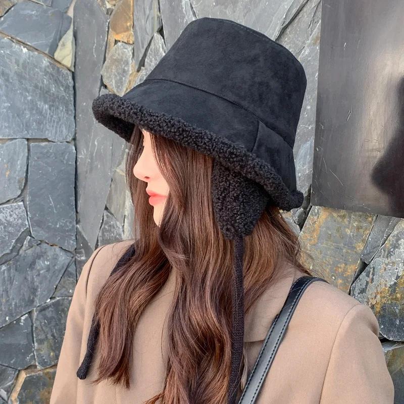 1Pc Bucket Hat Windproof Strap Versatile Lamb's Wool Warm Fisherman Hat Velvet Ear Protection