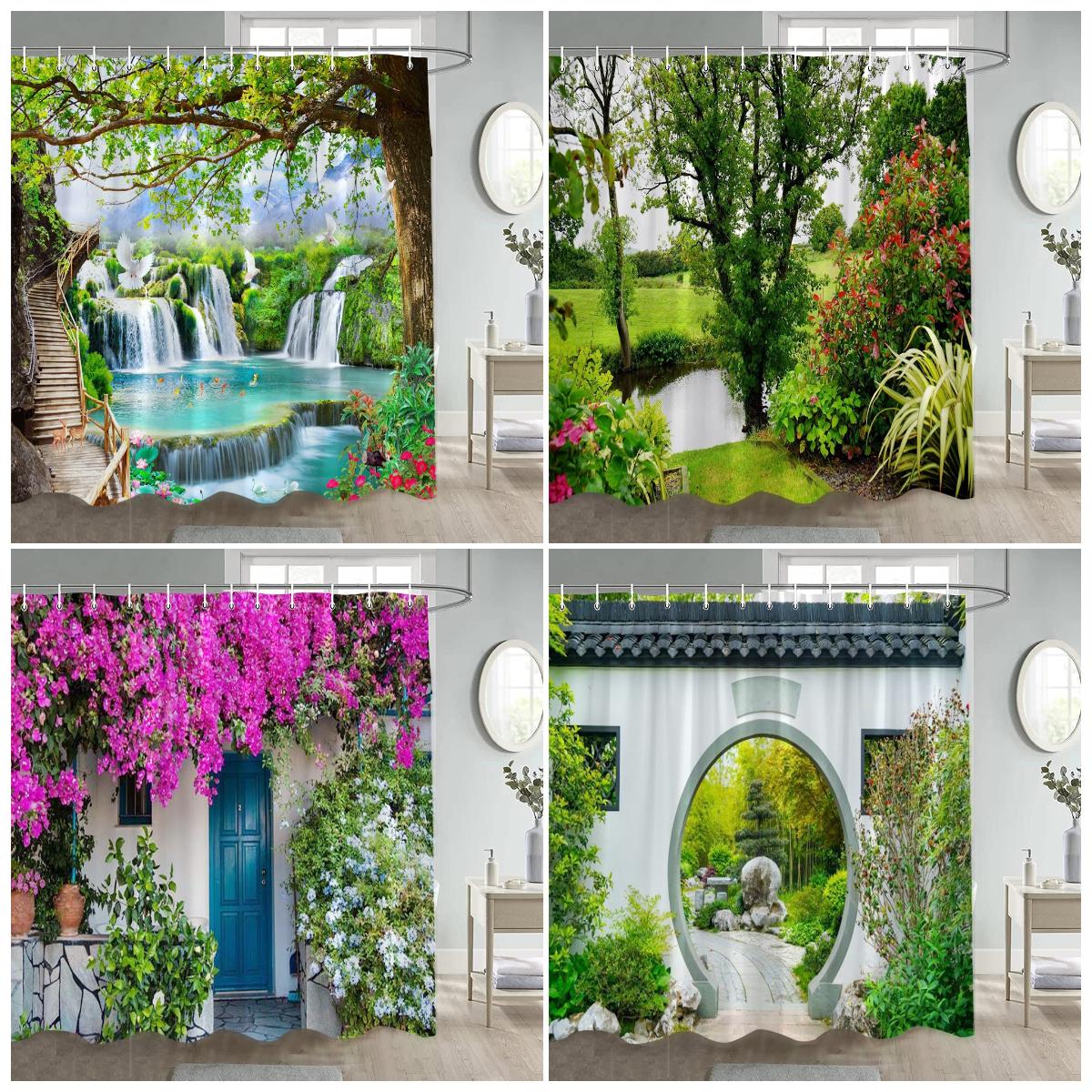 Monika Chen Rustic Landscape Shower Curtain Forest Waterfall Chinese Moon Door Flowers Plant Nature Scenery Polyester Bathroom Curtain Decor