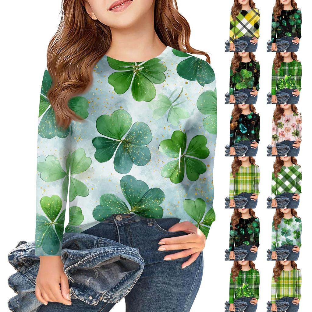Girls Long Sleeve T Shirts Kids Fall Tops Crewneck Printed Basic Tees Saint Patrick's Day