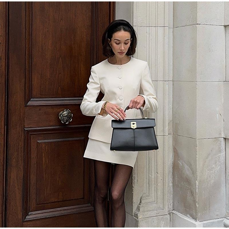 Elegante einreihige Blazer-Sets für Damen, einfarbig, O-Ausschnitt, langärmelige Jacke, Mini-A-Linien-Rock, 2025 Frühling Herbst Damen Büro-Outfits