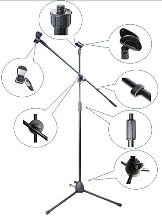 [MBK] 1 Microphone Stand, Boom Microphone Stand, Tripod Stand, Stable, Foldable, Extendable Arm, Straight, 360 Degree & Height Adjustable, Black,