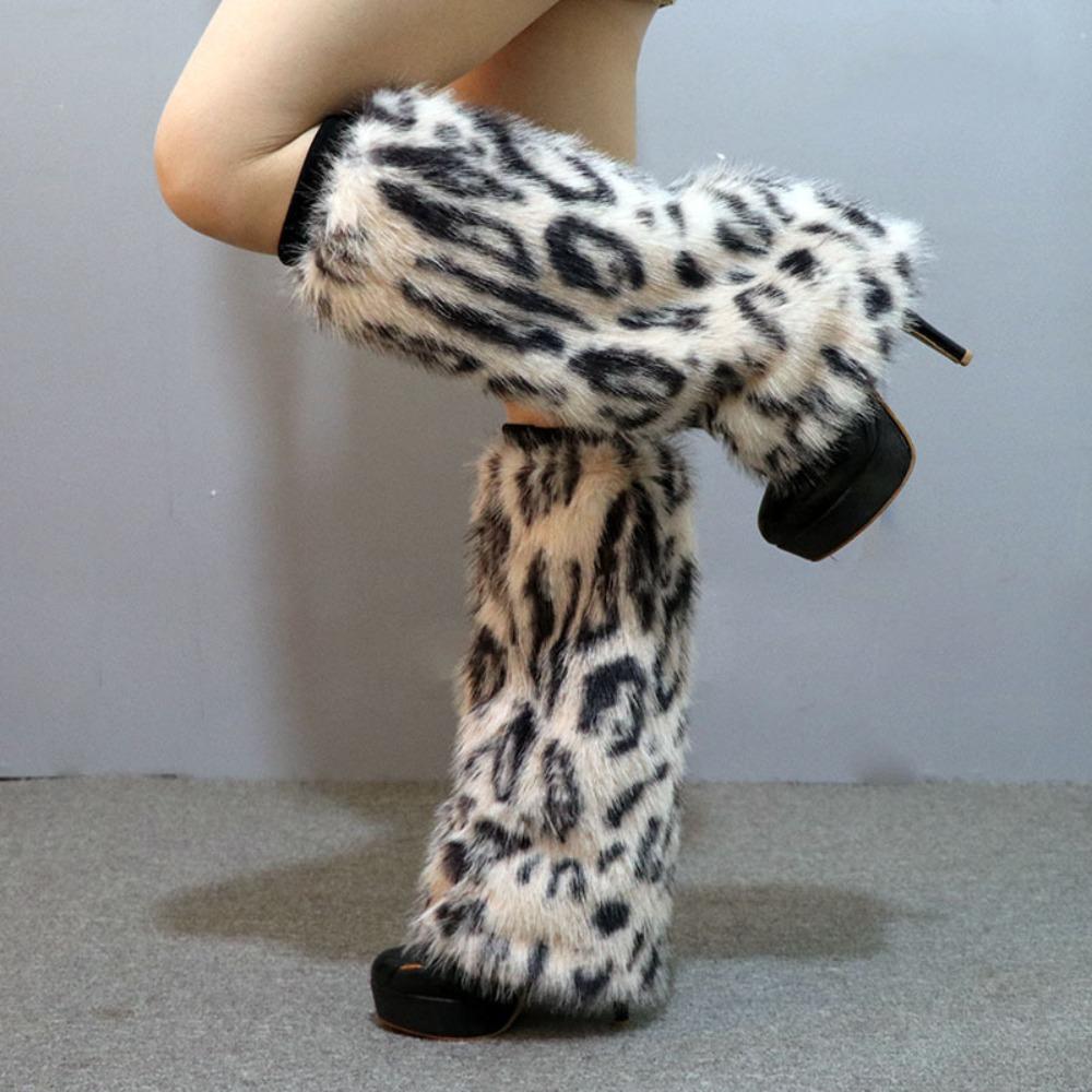 Soft Faux Fur Leopard Leg Warmers Thickened Y2K Long Tube Stockings Knee High Foot Cover Plush Boots Cover Autumn/Winter