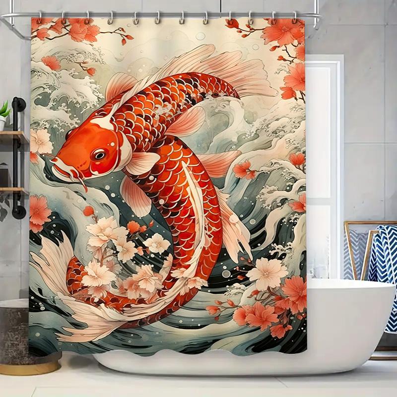 

Elegant Japanese Koi Fish Shower Curtain Pink Sakura Orange Carp Print Bath Fabric Decor For Home Decoration Red White Blue Gray W60H190(CM)-1 Pcs