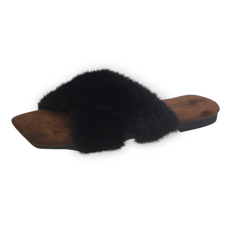Women's Plush Cross Strap Slippers - Fashionable Flat Bottom for Fall/Winter 2025