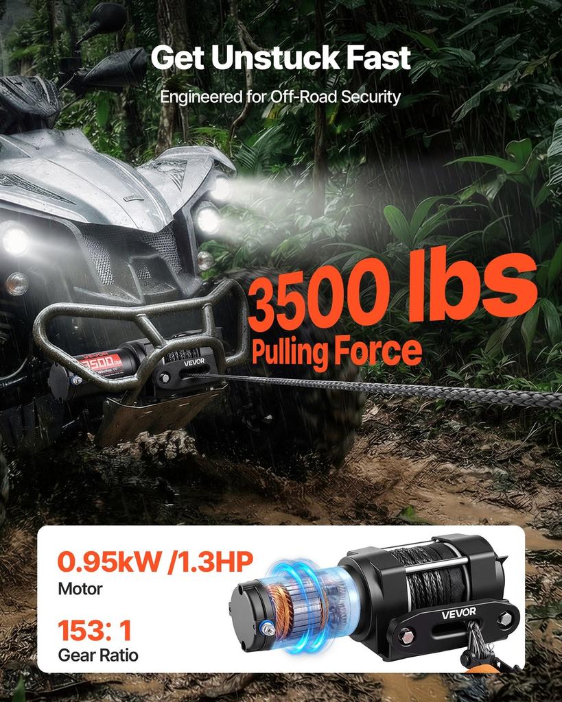 1587 kg Electric Winch, 12V DC ATV/UTV Winch with 5.5 mm x 10 m Synthetic Rope & Wired Remote Control, IP55 Waterproof, Aluminum Housing Fairlead